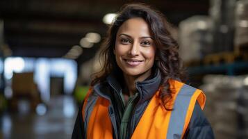 ai gegenereerd professioneel uitmuntendheid zelfverzekerd vrouw ingenieur in industrieel instelling foto