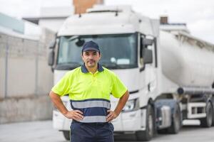 zelfverzekerd mannetje mechanisch ingenieur staand in de buurt vrachtauto foto