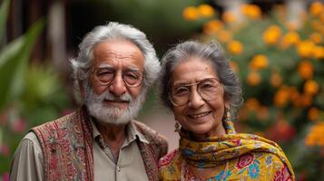 ai gegenereerd portret van een gelukkig ouderen Indisch paar glimlachen Bij de camera, buitenshuis. foto