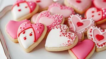 ai gegenereerd geassorteerd hartvormig Valentijn koekjes Aan dienblad foto