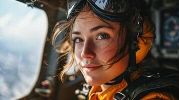 ai gegenereerd portret van een jong vrouw parachutist in de kuip van een helikopter foto