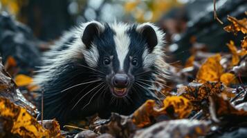 ai gegenereerd portret van een stinkdier in de Woud, dichtbij omhoog. dier hondsdolheid. foto