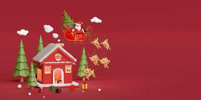 prettige kerstdagen en gelukkig nieuwjaar, banner van rood huis in het dennenbos met kerstcadeaus gegeven door de kerstman, 3D-rendering foto