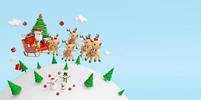 scène van de kerstman op een slee vol kerstcadeaus en getrokken door rendieren, 3D-rendering foto