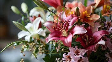 ai gegenereerd boeiend detailopname visie van buitenshuis lelie bloemen, stralend schoonheid temidden van bokeh achtergrond foto