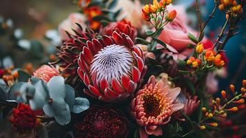 ai gegenereerd buitenshuis genot met betoverend protea bloemen en bokeh achtergrond foto