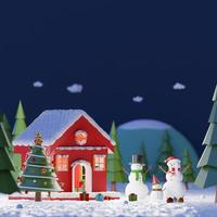 prettige kerstdagen en gelukkig nieuwjaar, landschap van sneeuwpop die sneeuw speelt buiten het rode huis in een dennenbos om middernacht, kopieer ruimte, 3D-rendering foto
