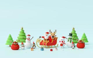 prettige kerstdagen en gelukkig nieuwjaar, scène van Kerstmis vieren met de kerstman en vrienden, 3D-rendering