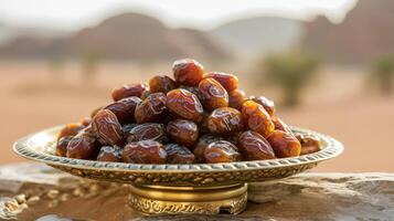 ai gegenereerd weelderig geneugten - Ramadan datum schotel in een sereen woestijn instelling foto