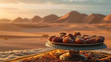 ai gegenereerd weelderig geneugten - Ramadan datum schotel in een sereen woestijn instelling foto