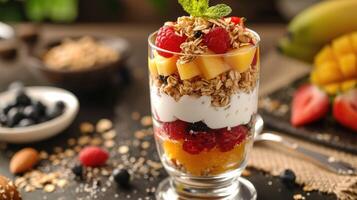 ai gegenereerd Ramadan fruit parfait - lagen van zoetheid en gezond goedheid foto