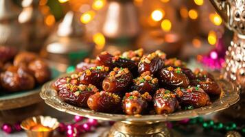 ai gegenereerd eid mubarak - feestelijk Ramadan datum toetje in een levendig viering instelling foto