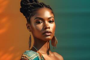 ai gegenereerd mooi jong volwassen Afrikaanse Amerikaans vrouw met kleurrijk hoofd sjaal Aan wazig oranje-groen achtergrond. neurale netwerk gegenereerd fotorealistisch beeld foto