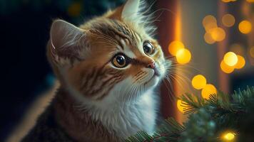 ai gegenereerd schattig gember katje op zoek Bij Kerstmis boom, neurale netwerk gegenereerd kunst foto