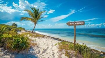 ai gegenereerd teken richten naar de richting van vakantie bestemming met toneel- strand en oceaan foto