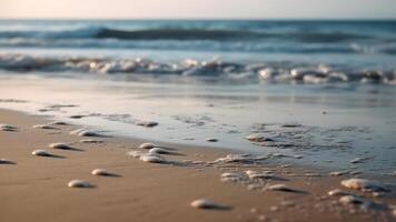 ai gegenereerd detailopname zee surfen en zand strand Bij zonnig dag, neurale netwerk gegenereerd fotorealistisch beeld foto