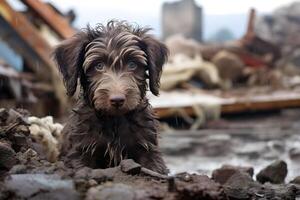 ai gegenereerd alleen en hongerig huiselijk puppy na ramp Aan de achtergrond van huis puin, neurale netwerk gegenereerd beeld foto