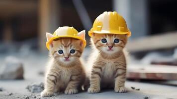 ai gegenereerd schattig kittens zijn gebouw arbeiders Bij bouw plaats, neurale netwerk gegenereerd afbeelding foto