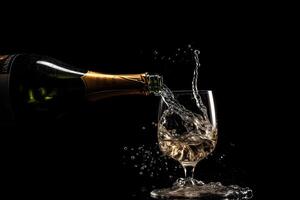 ai gegenereerd viering thema met spatten Champagne in vulling wijnglas met fles Aan zwart achtergrond, neurale netwerk gegenereerd fotorealistisch beeld foto