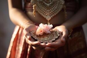 ai gegenereerd dichtbij omhoog van Indisch meisje hand- Holding bloem met generatief ai foto