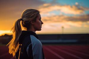 ai gegenereerd een jong mooi sportman vrouw aan het doen ochtend- rekken training Bij stadion. sport en gezond levensstijl. kopiëren ruimte banier foto