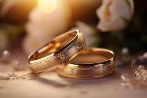 ai gegenereerd dichtbij omhoog van twee goud bruiloft ringen bokeh stijl achtergrond met gegenereerd ai foto