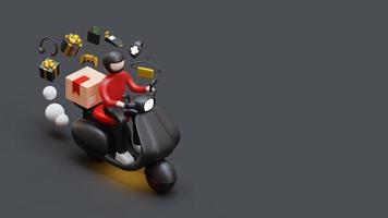 Black Friday-bestemmingspaginasjabloon met koerier op scooter die pakket 3D-renderingillustratie levert foto