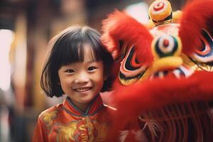 ai gegenereerd Chinese draak dans met jong meisje kind bokeh stijl achtergrond met generatief ai foto