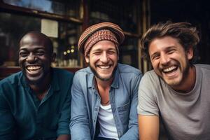 ai gegenereerd Afrikaanse en Amerikaans mannen glimlachen samen verscheidenheid concept met generatief ai foto