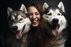 ai gegenereerd jong vrouw lachend met twee husky's honden met generatief ai foto