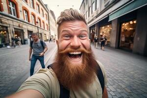 ai gegenereerd een Mens nemen selfie in de groot stad met generatief ai foto