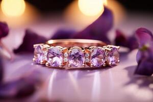 ai gegenereerd roos goud en Purper edelsteen ring bokeh stijl achtergrond met gegenereerd ai foto