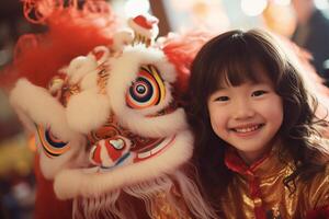 ai gegenereerd Chinese draak dans met jong meisje kind bokeh stijl achtergrond met generatief ai foto