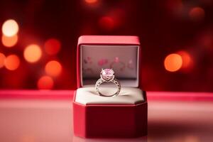 ai gegenereerd een diamant bruiloft ring in een rood doos bokeh stijl achtergrond met gegenereerd ai foto