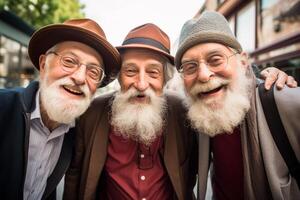 ai gegenereerd een groep van ouder mannen vriendschap bokeh stijl achtergrond met gegenereerd ai foto