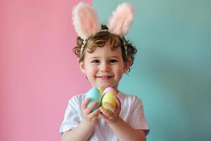ai gegenereerd jong jongen kind Holding kleurrijk pastel Pasen eieren met generatief ai foto