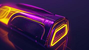 ai gegenereerd een futuristische vrouw zak ontwerp, strak en vernieuwend vorm geven aan, primair kleuren Purper en geel. metalen accenten, holografische texturen, neon verlichting Effecten. foto