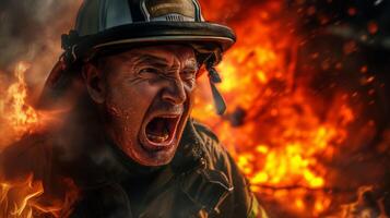 ai gegenereerd een detailopname fotograaf van een brandweerman schreeuwen, gezicht verwrongen in woede en leed, tegen een backdrop van woest vlammen consumeren een structuur. foto