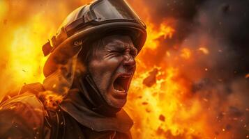 ai gegenereerd een detailopname fotograaf van een brandweerman schreeuwen, gezicht verwrongen in woede en leed, tegen een backdrop van woest vlammen consumeren een structuur. foto