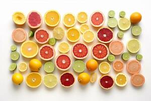 Daar zijn veel verschillend types van citrusvruchten en limoenen Aan de tafel. generatief ai. foto