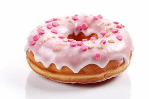 ai generatief roze aardbei geglazuurd smaak donuts en fles van melk Aan wit achtergrond foto