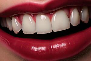 vrouw glimlachen detailopname lachend, mooi tanden tegen abstract achtergrond, tanden bleken. tandheelkundig kliniek geduldig foto