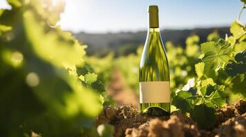 generatief ai, wit wijn fles bespotten omhoog Aan wijnrad landschap in de zonneschijn, het hoofd bieden ruimte en plaats voor logo foto