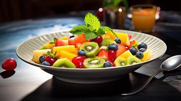foto van tropisch fruit salade met honing-limoen dressing net zo een schotel in een hoogwaardig restaurant. generatief ai