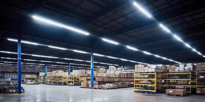 generatief ai, magazijn interieur met LED verlichting, industrie gebouw, distributie kleinhandel centrum, een deel van opslagruimte en Verzending systeem.. foto