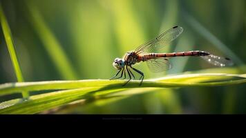 ai generatief detailopname macro detail van rood ogen libel pachydiplax longipennis Aan fabriek stengel in veld- weide foto