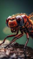 ai generatief detailopname macro detail van rood weidevogel libel sympetrum illotum Aan fabriek stengel in veld- weide met rivier- achtergrond foto