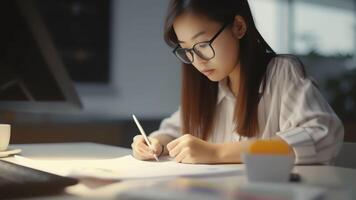 ai generatief dichtbij omhoog gefocust jong zakenvrouw werken met documenten in kantoor zittend Bij werk tafel met laptop echt werknemer controle financieel verslag doen van project statistieken lezing corres foto