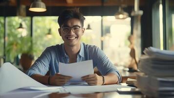 ai generatief tevreden glimlachen bedrijf Mens aan het doen papierwerk Bij huis werkplaats ondernemer lezing financieel rapporten lezing documenten huurder maken betaling voor huur herzien rekeningen bank hypotheek foto