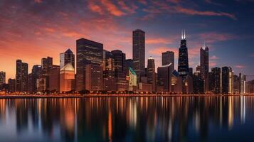 ai generatief chicago Verenigde Staten van Amerika bederven 13e2019 toneel- visie van bedrijf wijk van chicago horizon in avond schemer bewolkt blauw lucht zonsondergang panoramisch visie aan de overkant meer Michigan en kustlijn van stad beroemd foto